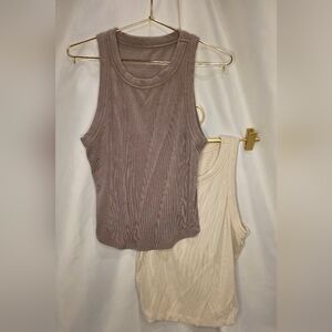 Elegant Ribbed Tank Top Set - Taupe and Cream